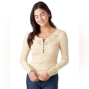 Free People Lace-Trim Come on Over Henley Long Sleeve Top Soft Yellow